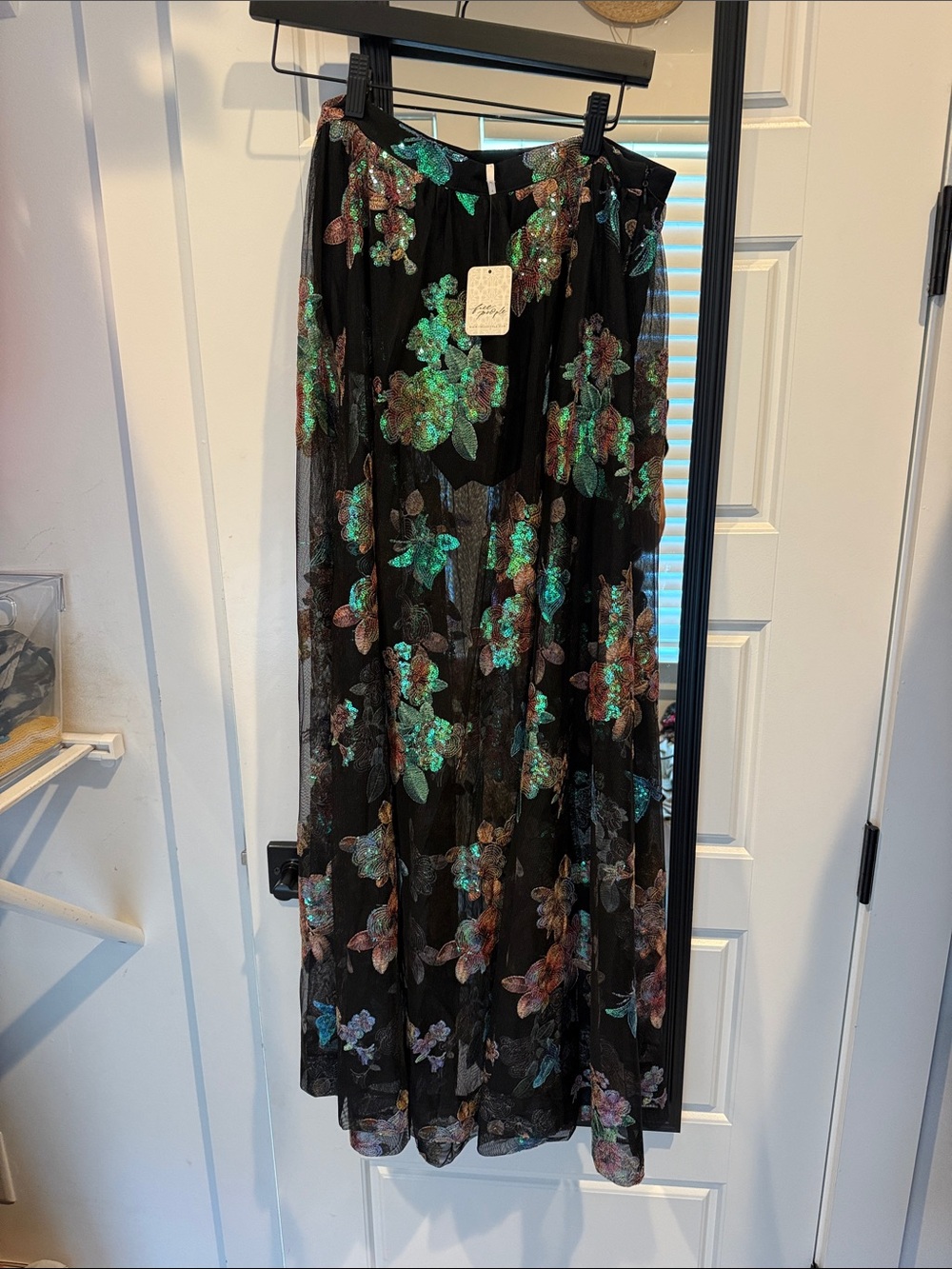 Free People Black Maxi Skirt with Green and Copper Floral Embroidery